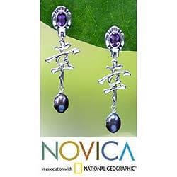 Sterling Silver Lucky Pearl and Amethyst Earrings (9mm) (Indonesia 