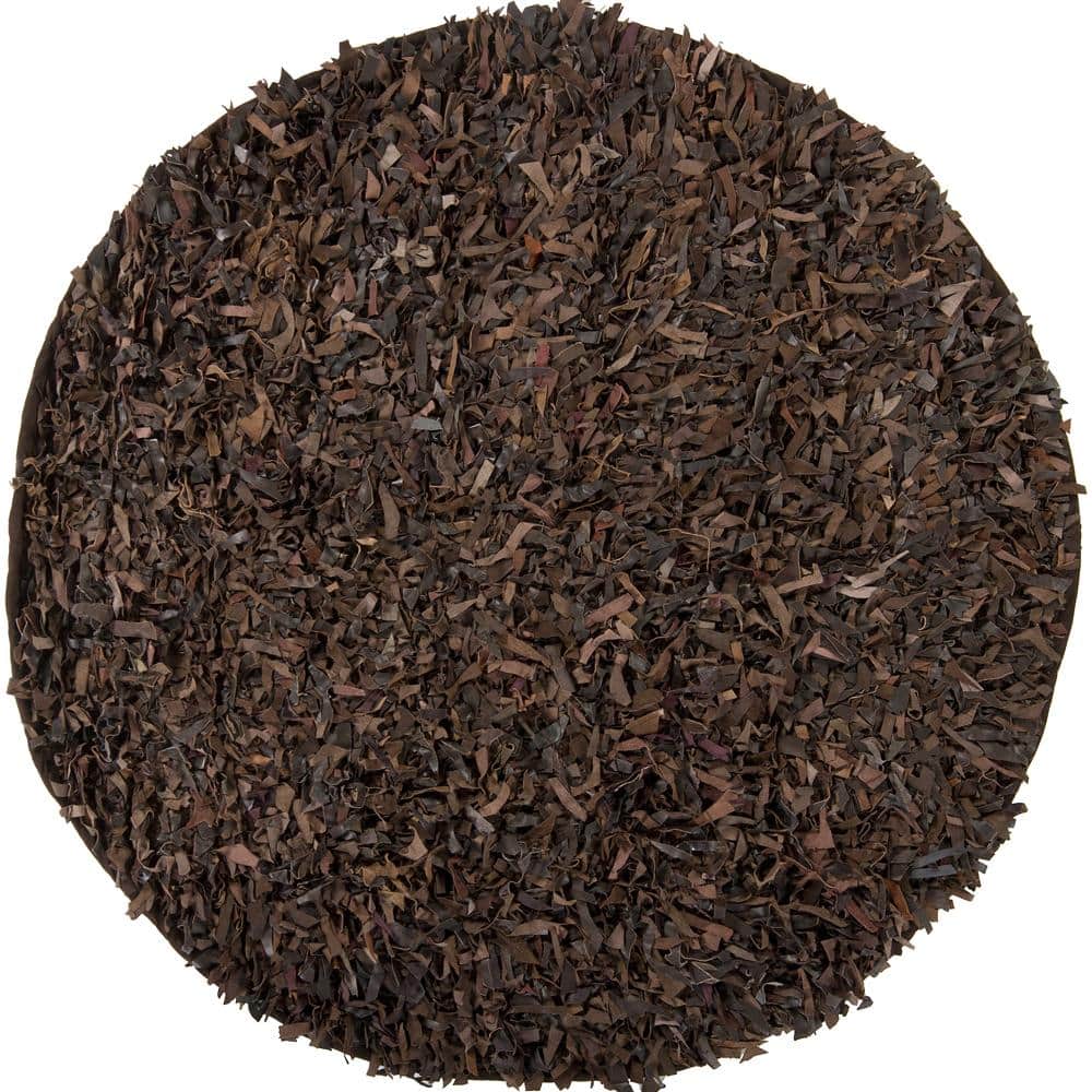 Hand-woven Mandara Brown Leather Shag Rug (3' Round)