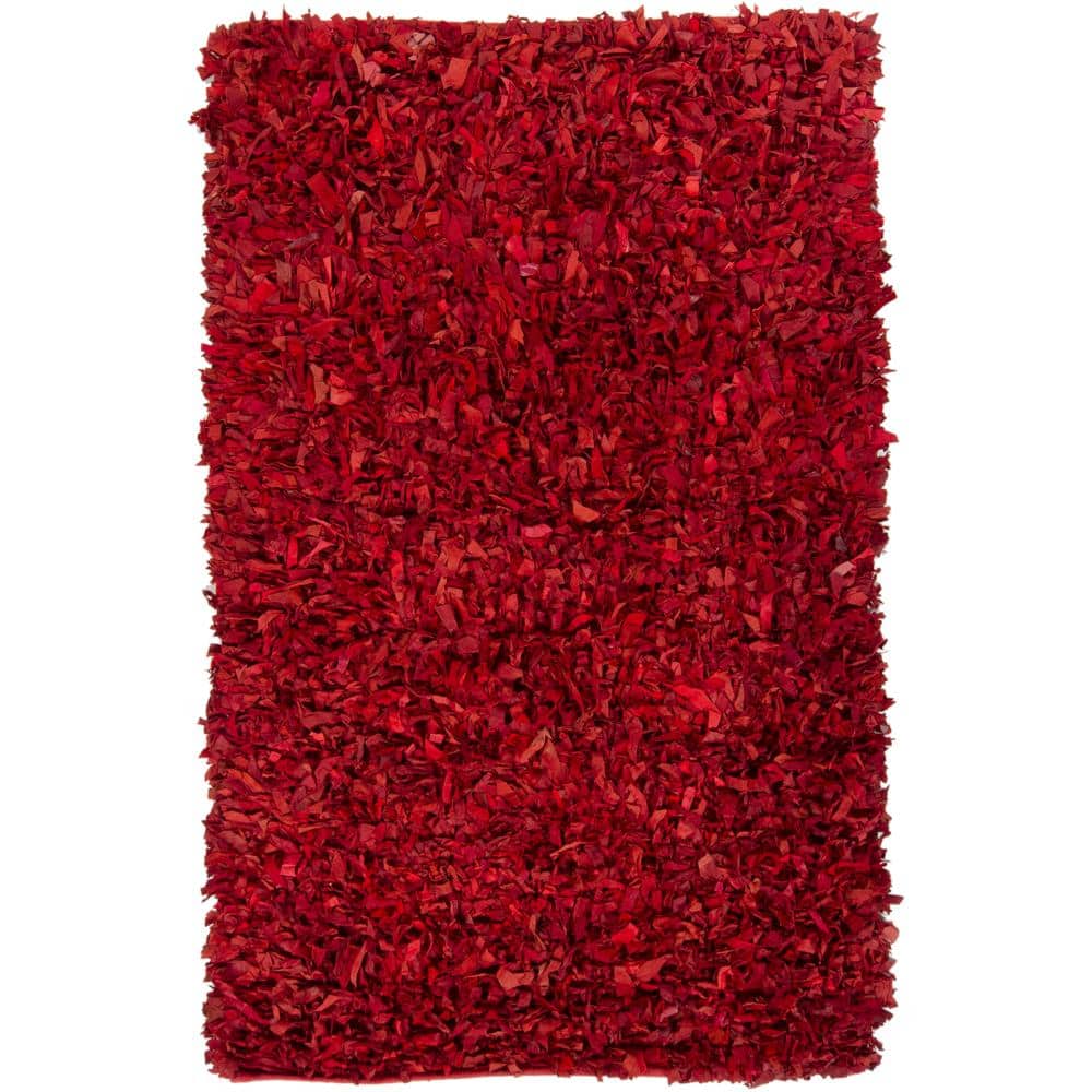 Hand-woven Mandara Red Leather Shag Rug (2' x 6')