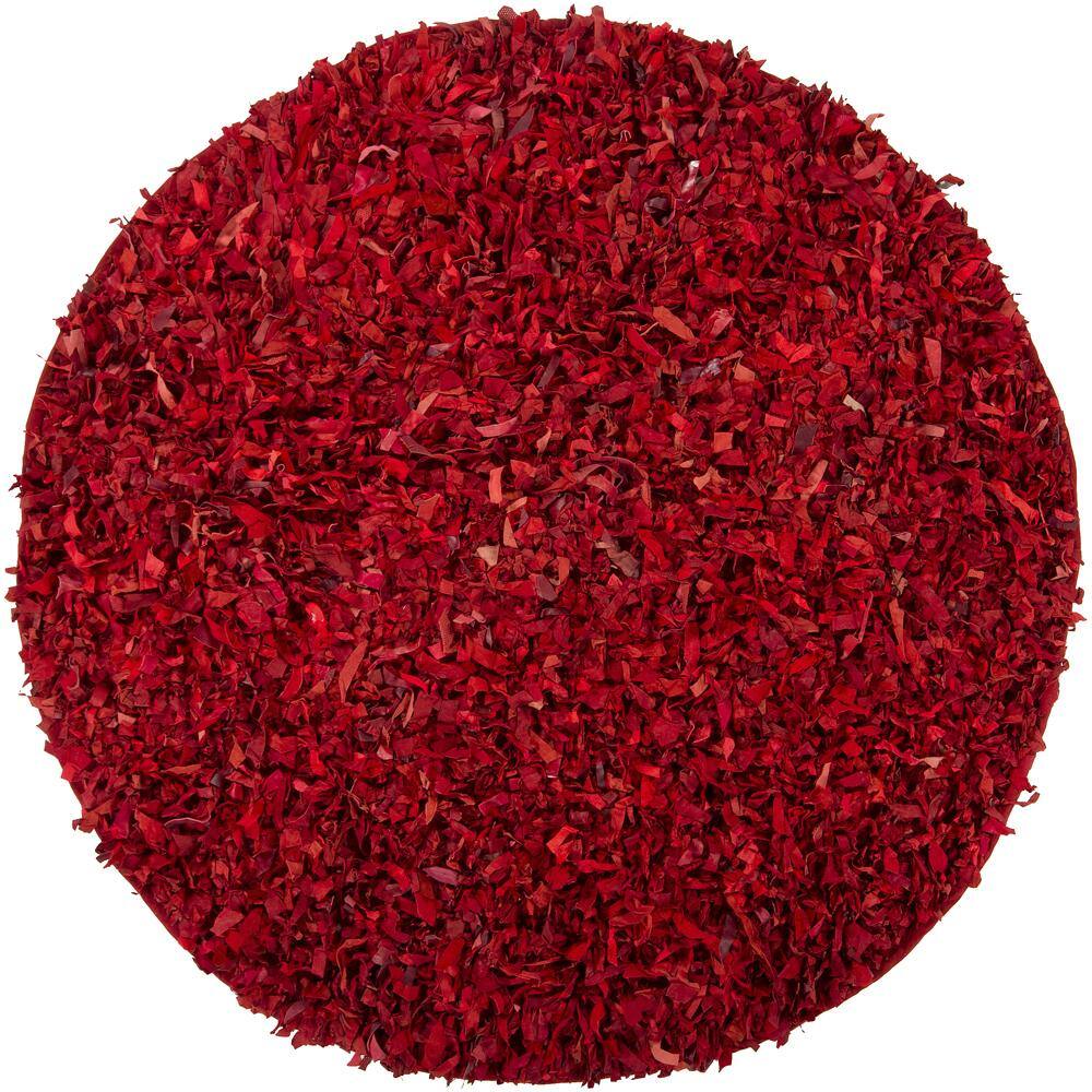 Hand-woven Mandara Red Leather Shag Rug (4'9 Round)