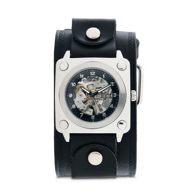 Nemesis Mens Black SQ Mechanical Wide Leather Band Watch  