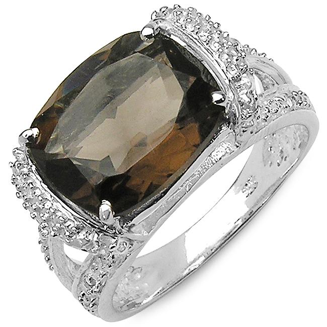 Sterling Silver Cushion cut Smokey Quartz and White Topaz Ring 