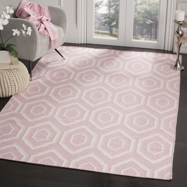 Safavieh Moroccan Reversible Dhurrie Pink/ Ivory Wool Rug - 8' x 8'
