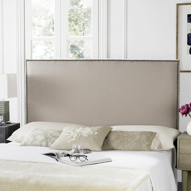 SAFAVIEH Sydney Taupe Linen Upholstered Headboard - Brass Nailhead - Full