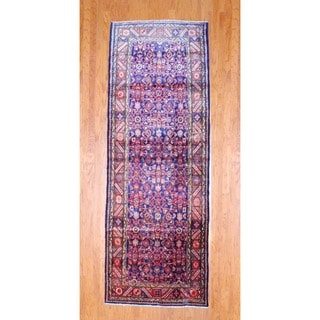 Persian Hand knotted 1960's Hamadan Navy/ Rust Wool Runner (3'10 x 10'8) Runner Rugs