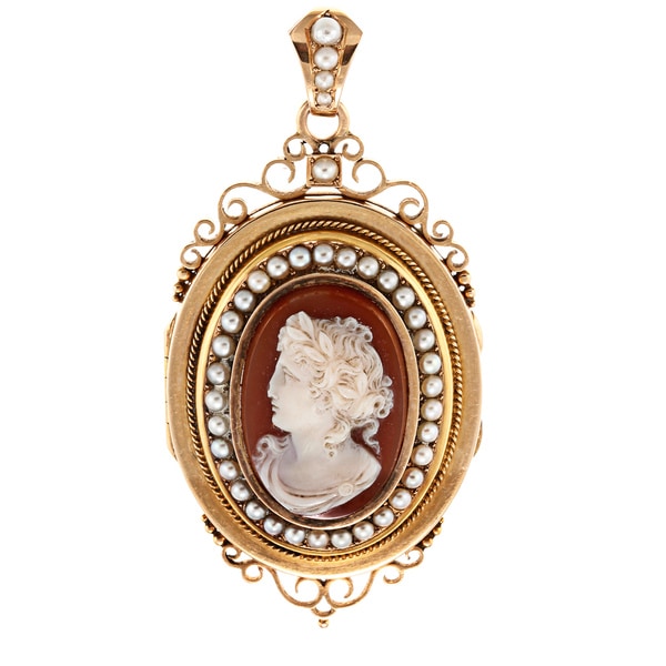 Shop Pre-owned 14k Yellow Gold Cameo and FW Pearl Antiqued Locket Pendant (2-3 mm) - On Sale ...