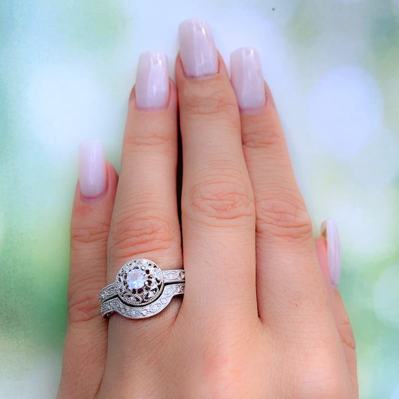 Miadora Sterling Silver Created-white-sapphire and 1/10ct TDW Diamond Bridal Ring Set