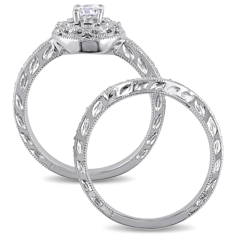 Miadora Sterling Silver Created-white-sapphire and 1/10ct TDW Diamond Bridal Ring Set