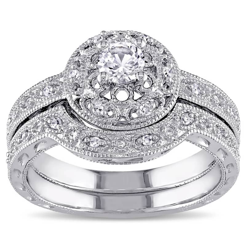 Miadora Sterling Silver Created-white-sapphire and 1/10ct TDW Diamond Bridal Ring Set - 5