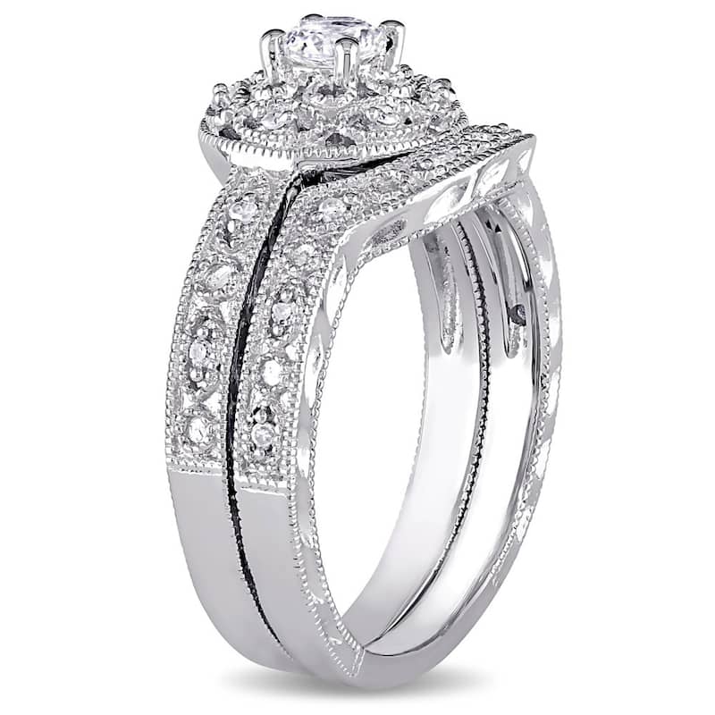 Miadora Sterling Silver Created-white-sapphire and 1/10ct TDW Diamond Bridal Ring Set