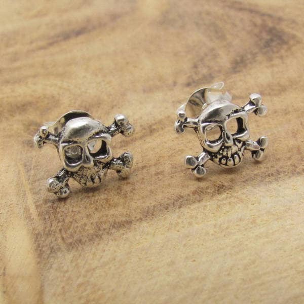 Handmade Petite Punk Skull Pirate Silver Stud Earrings (Thailand ...