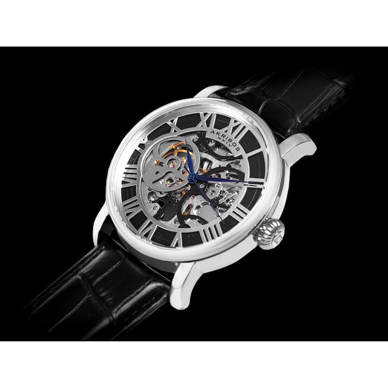 Akribos XXIV Men's Mechanical Skeleton Round Leather Silver-Tone Strap Watch - black