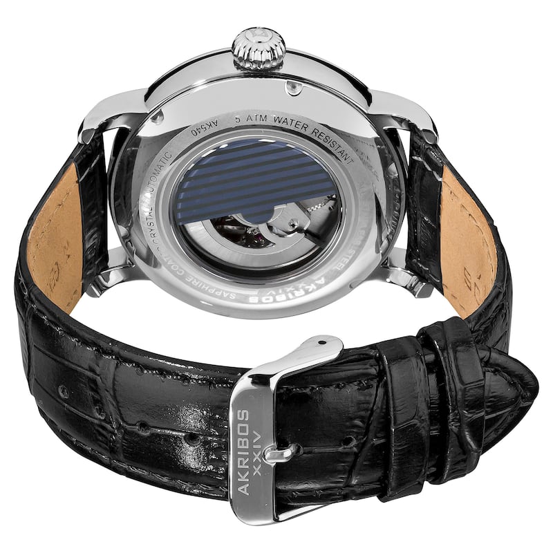 Akribos XXIV Men's Mechanical Skeleton Round Leather Silver-Tone Strap Watch - black