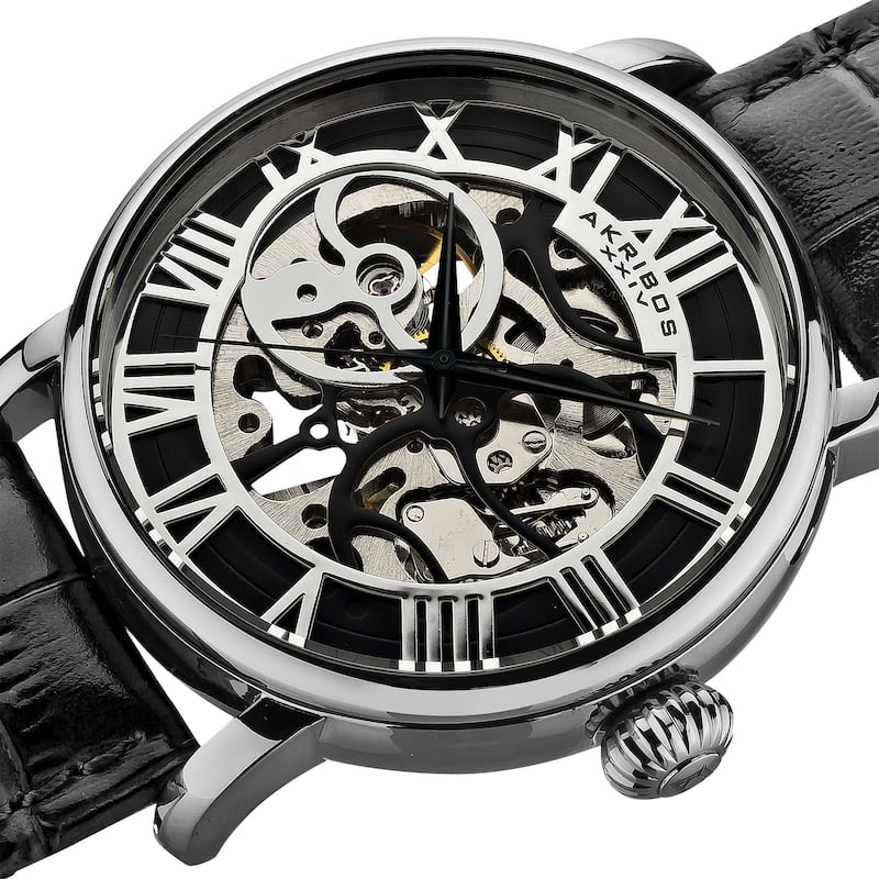Akribos XXIV Men's Mechanical Skeleton Round Leather Silver-Tone Strap Watch - black