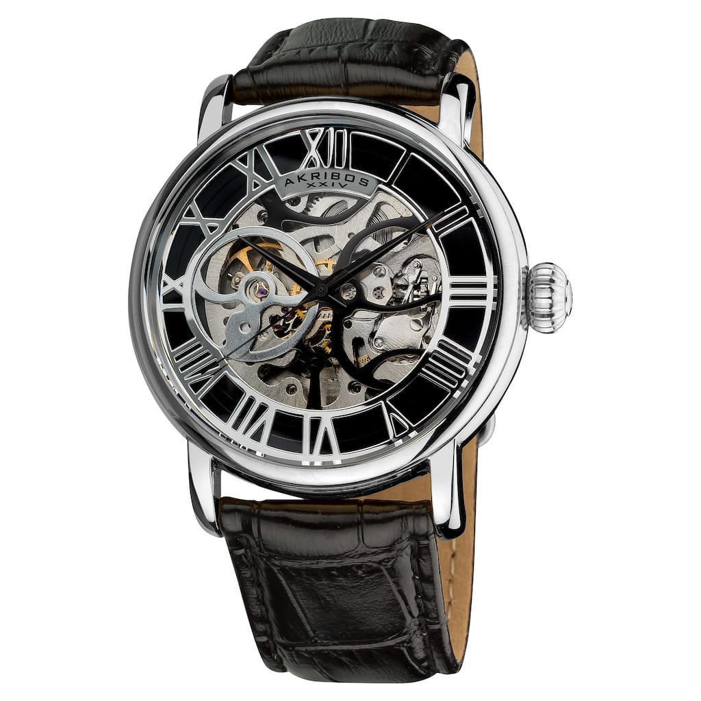 Akribos XXIV Men's Mechanical Skeleton Round Leather Silver-Tone Strap Watch - black