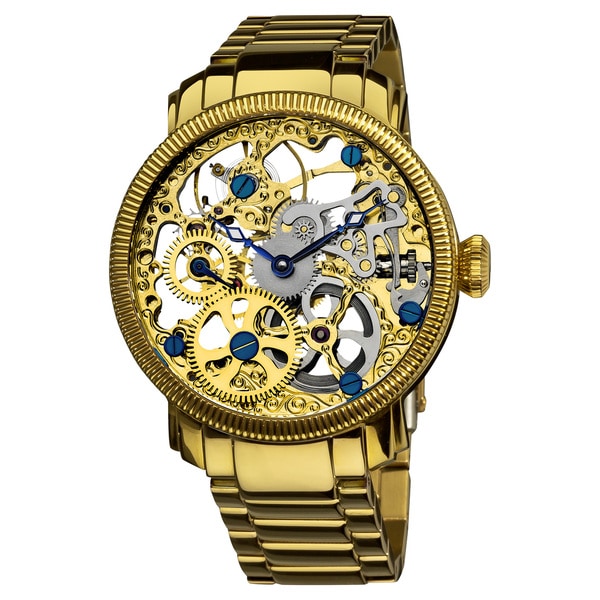 Akribos XXIV Men's Stainless Mechanical Skeleton Gold-Tone Bracelet Watch. Opens flyout.