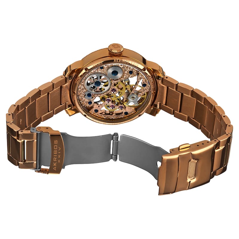 Akribos XXIV Men's Stainless Mechanical Skeleton Rose-Tone Bracelet Watch