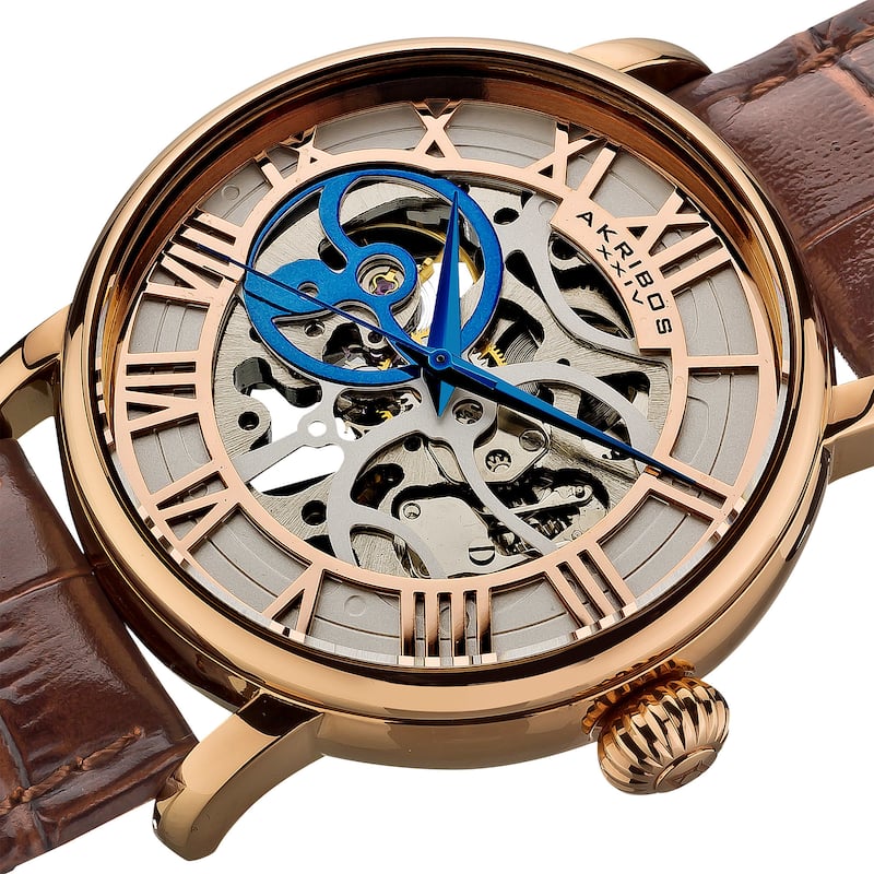 Akribos XXIV Men's Mechanical Skeleton Round Leather Rose-Tone Strap Watch - brown