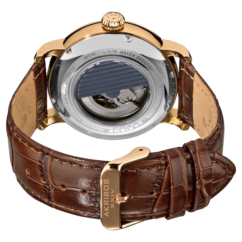Akribos XXIV Men's Mechanical Skeleton Round Leather Rose-Tone Strap Watch - brown