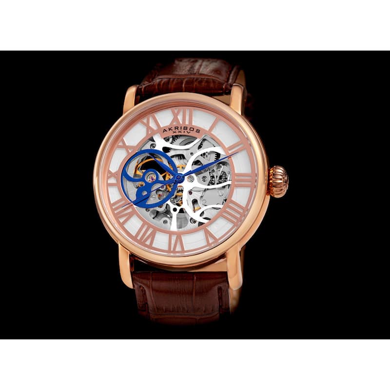 Akribos XXIV Men's Mechanical Skeleton Round Leather Rose-Tone Strap Watch - brown