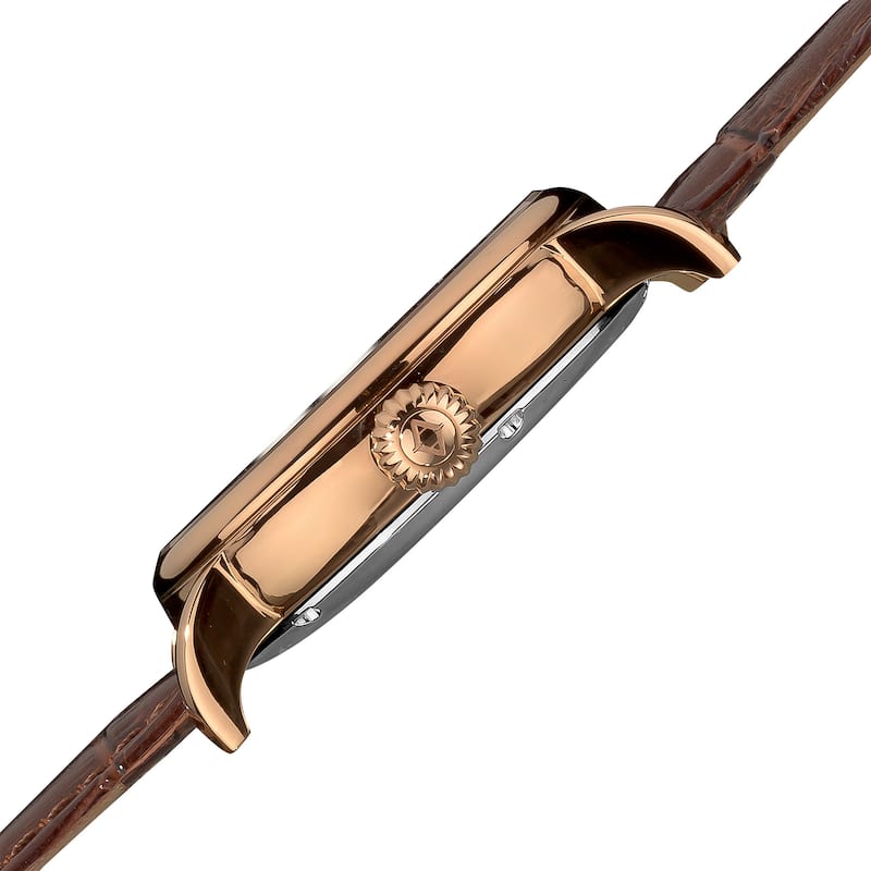 Akribos XXIV Men's Mechanical Skeleton Round Leather Rose-Tone Strap Watch - brown