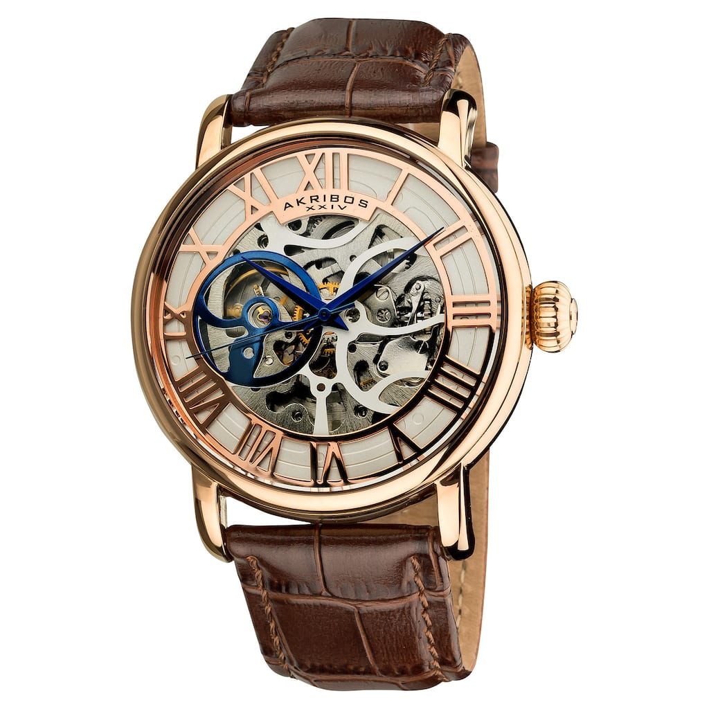 Akribos XXIV Men's Mechanical Skeleton Round Leather Rose-Tone Strap Watch - brown