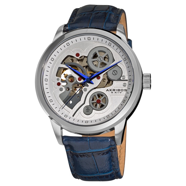 Akribos XXIV Men's Mechanical Skeleton Leather Blue Strap Watch