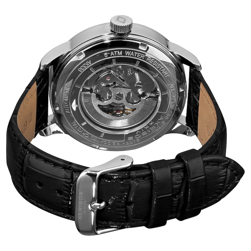 Akribos XXIV Men's Mechanical Skeleton Leather Black Strap Watch with Tang Buckle Clasp