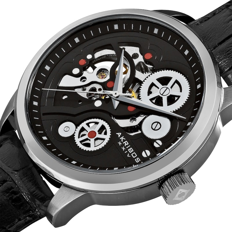 Akribos XXIV Men's Mechanical Skeleton Leather Black Strap Watch with Tang Buckle Clasp