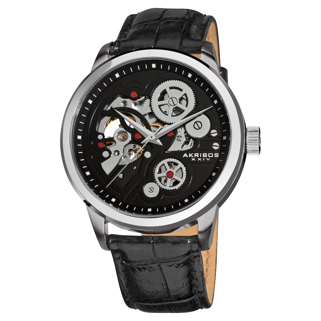 Akribos XXIV Men's Mechanical Skeleton Leather Black Strap Watch with Tang Buckle Clasp