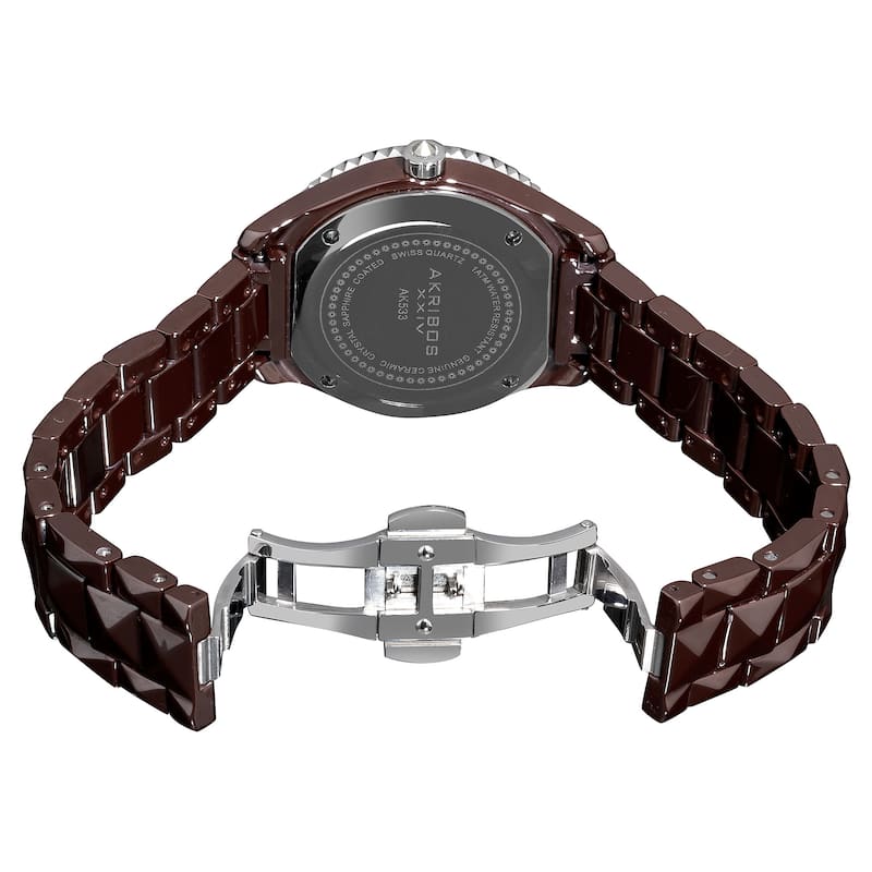 Akribos XXIV Women's Black Ceramic Pyramid-Cut Quartz Brown Watch