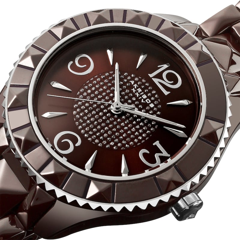 Akribos XXIV Women's Black Ceramic Pyramid-Cut Quartz Brown Watch