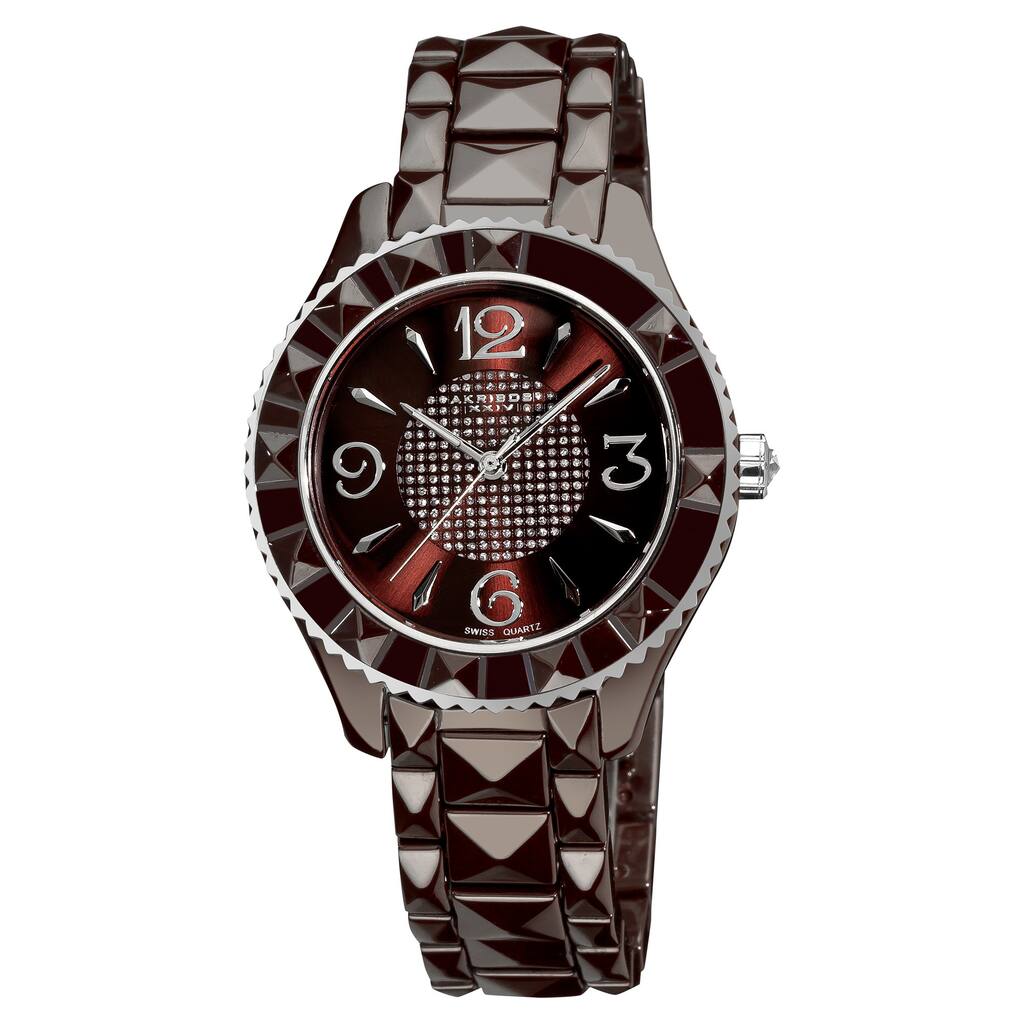 Akribos XXIV Women's Black Ceramic Pyramid-Cut Quartz Brown Watch