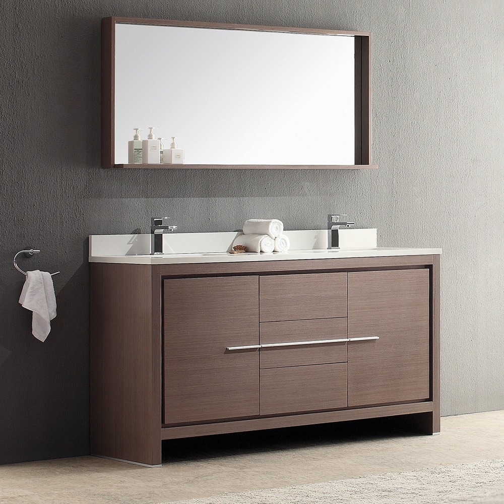 Fresca Allier 60-inch Grey Oak Modern Double Sink Bathroom Vanity with Mirror