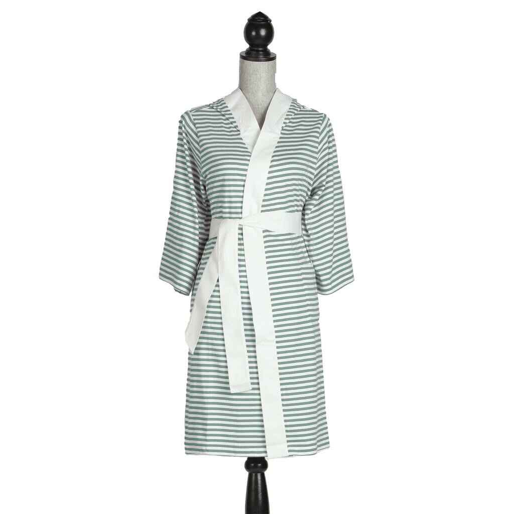 Women's Organic Cotton White and Teal Stripe Bath Robe