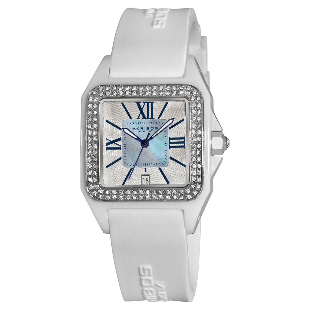 Akribos XXIV Women's Square Ceramic Case and White Rubber Strap Quartz Watch