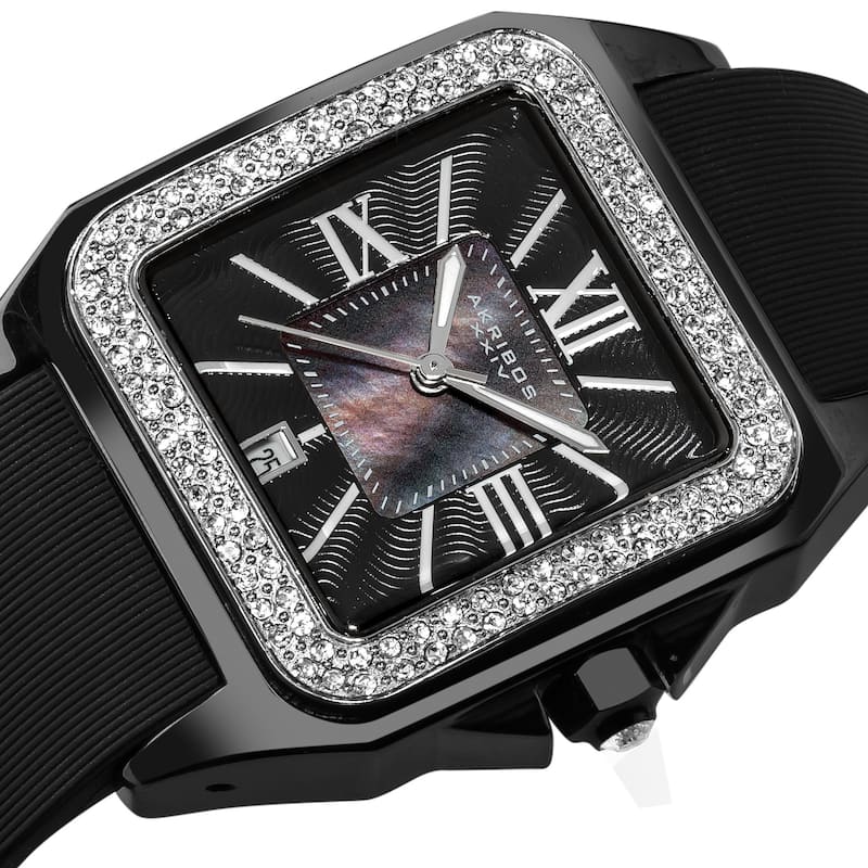 Akribos XXIV Women's Square Ceramic Case and Rubber Black Strap Quartz Watch