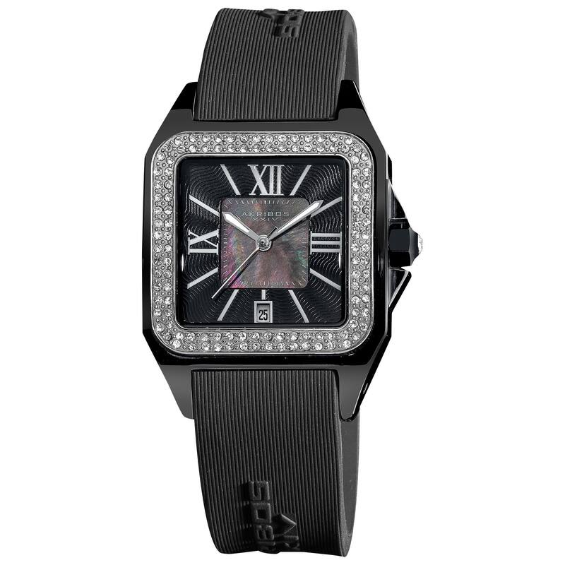 Akribos XXIV Women's Square Ceramic Case and Rubber Black Strap Quartz Watch