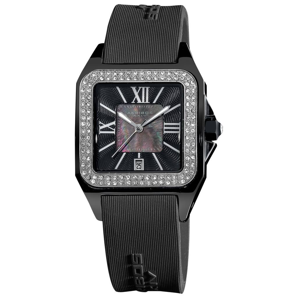 Akribos XXIV Women's Square Ceramic Case and Rubber Black Strap Quartz Watch