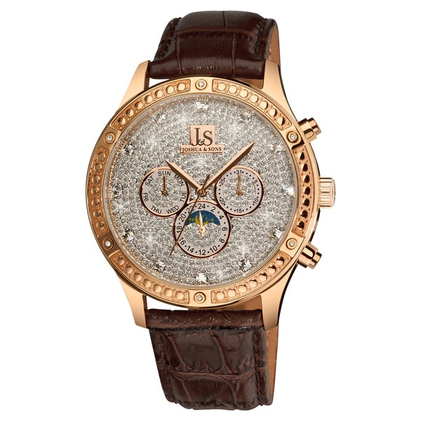 Joshua & Sons Men's Sparkling Mechanical Multifunction Watch with Brown Leather Rose-Tone Strap
