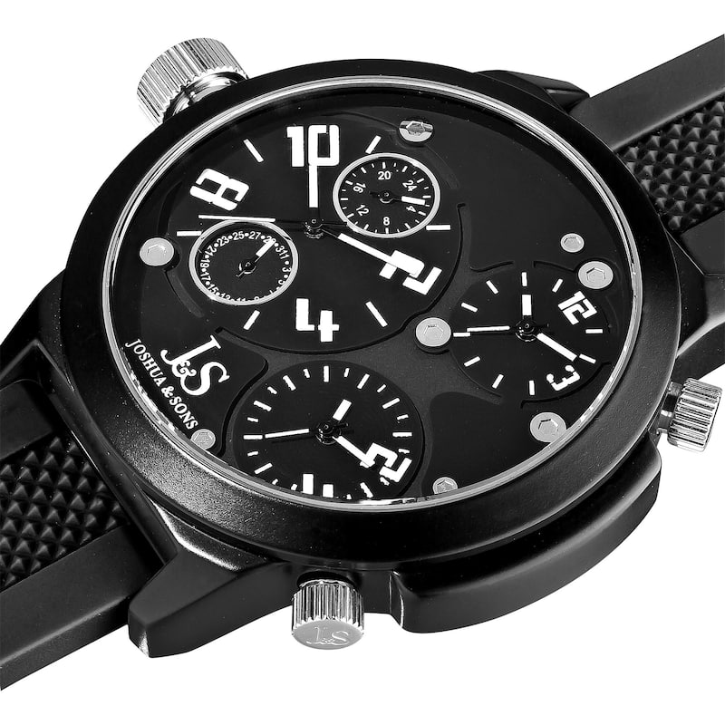 Joshua & Sons Men's Quartz Triple Time Zone Rubber White Strap Watch with Black Dial