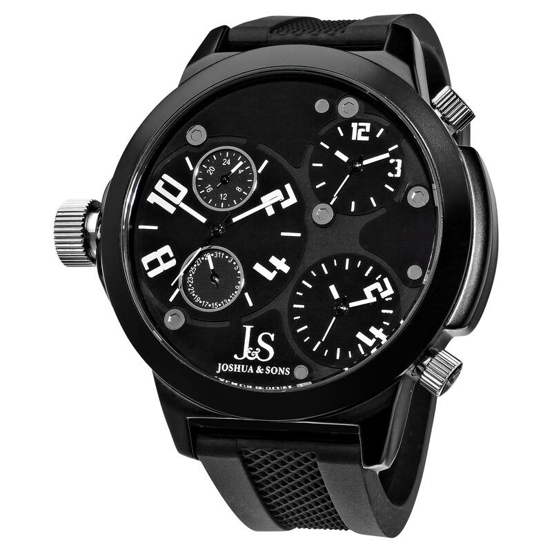 Joshua & Sons Men's Quartz Triple Time Zone Rubber White Strap Watch with Black Dial