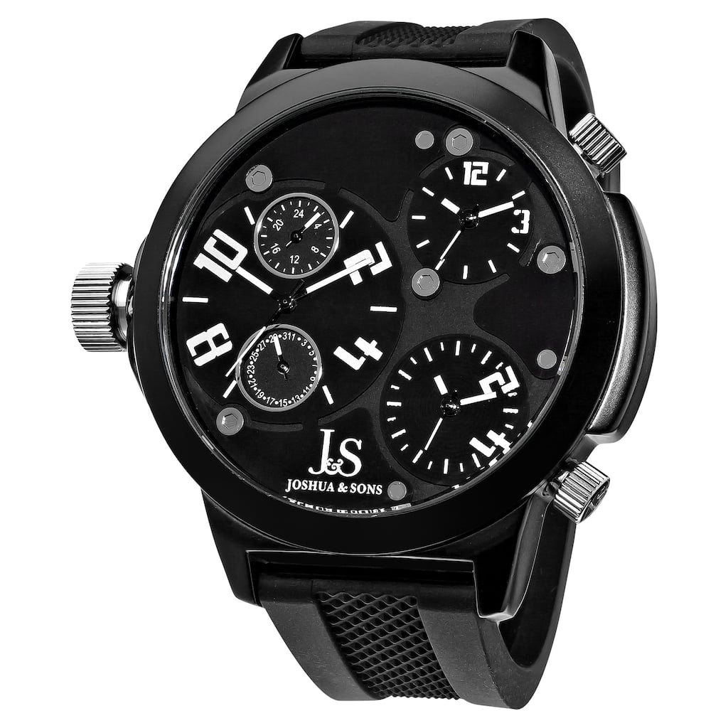 Joshua & Sons Men's Quartz Triple Time Zone Rubber White Strap Watch with Black Dial