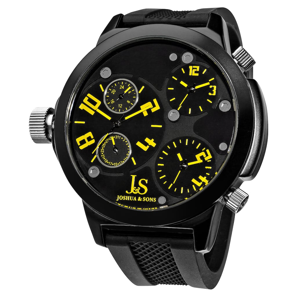 Joshua & Sons Men's Quartz Triple Time Zone Black Rubber Strap Watch