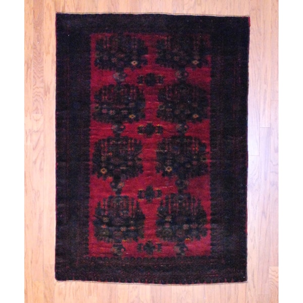 Herat Oriental Afghan Hand-knotted Balouchi Burgundy/ Black Wool Rug (4'6 x 6'5)