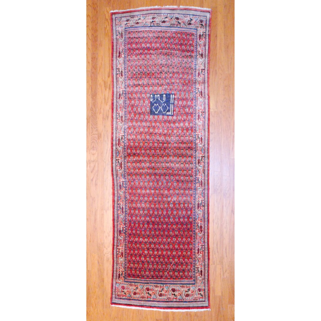 Persian Hand knotted 1960s Hamadan Mir Rust/ Ivory Wool Runner (36 x