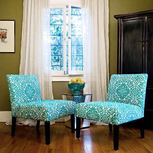 slide 2 of 3, Handy Living Bradstreet Damask Turquoise Blue Armless Chairs Set of 2