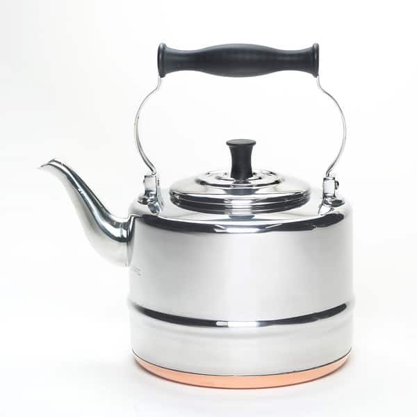 Creative Home 2.6 qt. Stainless Steel Whistling Tea Kettle Teapot with Folding Wood Touching Handle Aluminum Capsulated Bottom for Fast Boiling Heat W