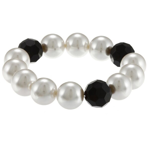Alexa Starr Black Glass and White Faux Pearl Stretch Bracelet