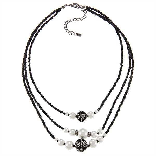 Alexa Starr Silvertone, Black Glass and Faux Pearl 3 row Necklace